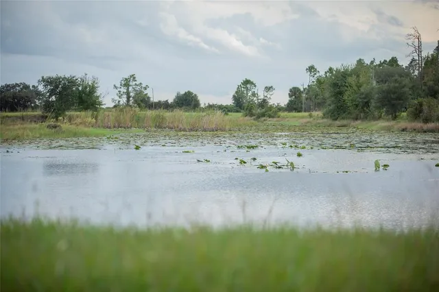 a view of a lake with beach and green space