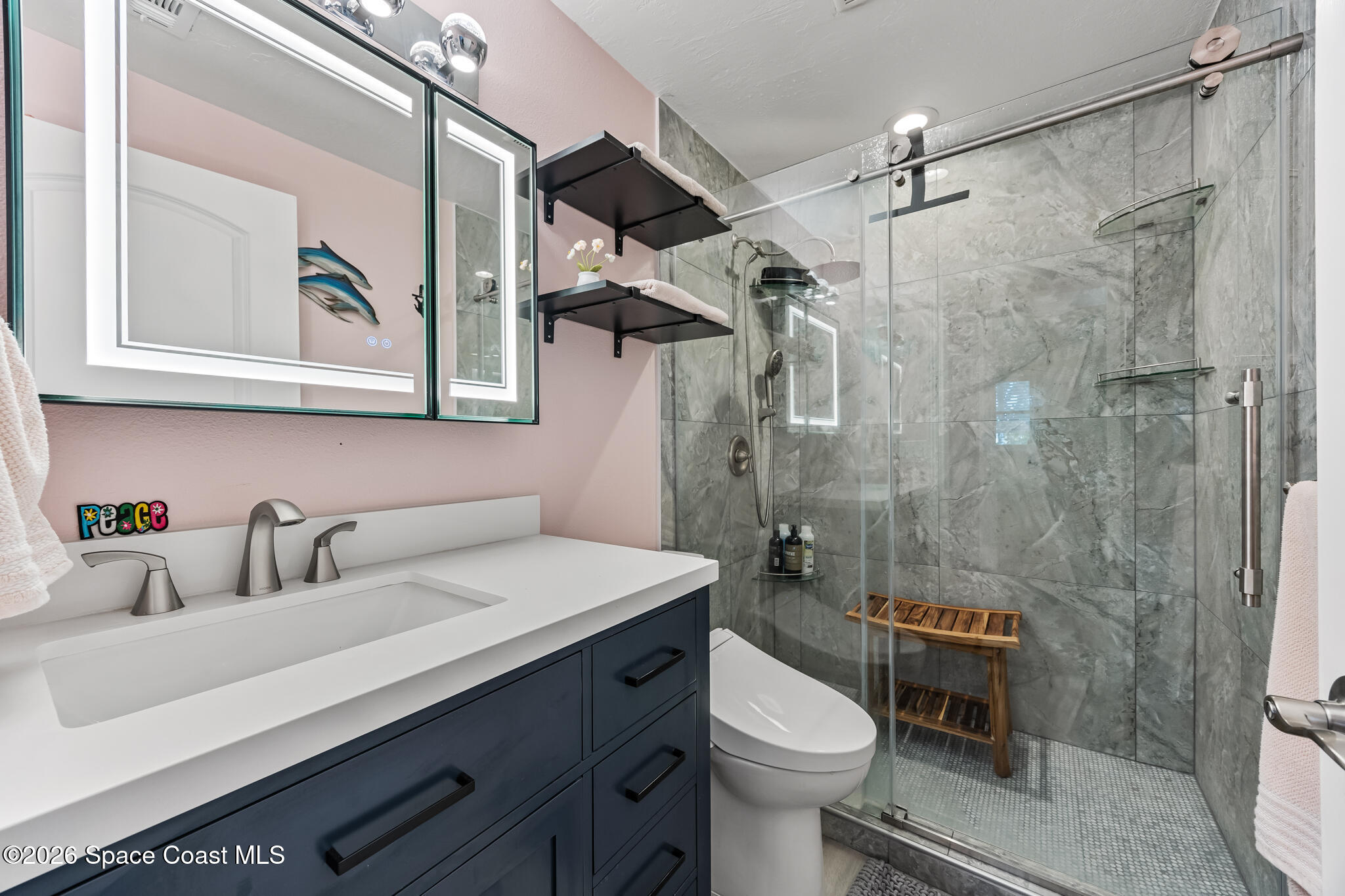 770 New Hampton Way Merritt Island, FL 32953 - Photo 19 of 48 a bathroom with a sink toilet a mirror and shower