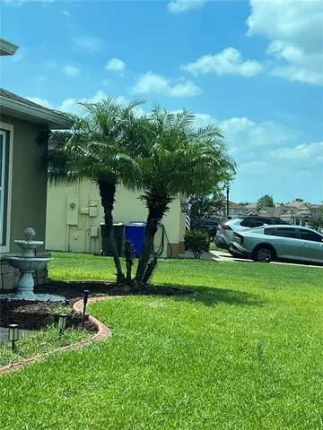 a backyard of a house with plants and palm tree