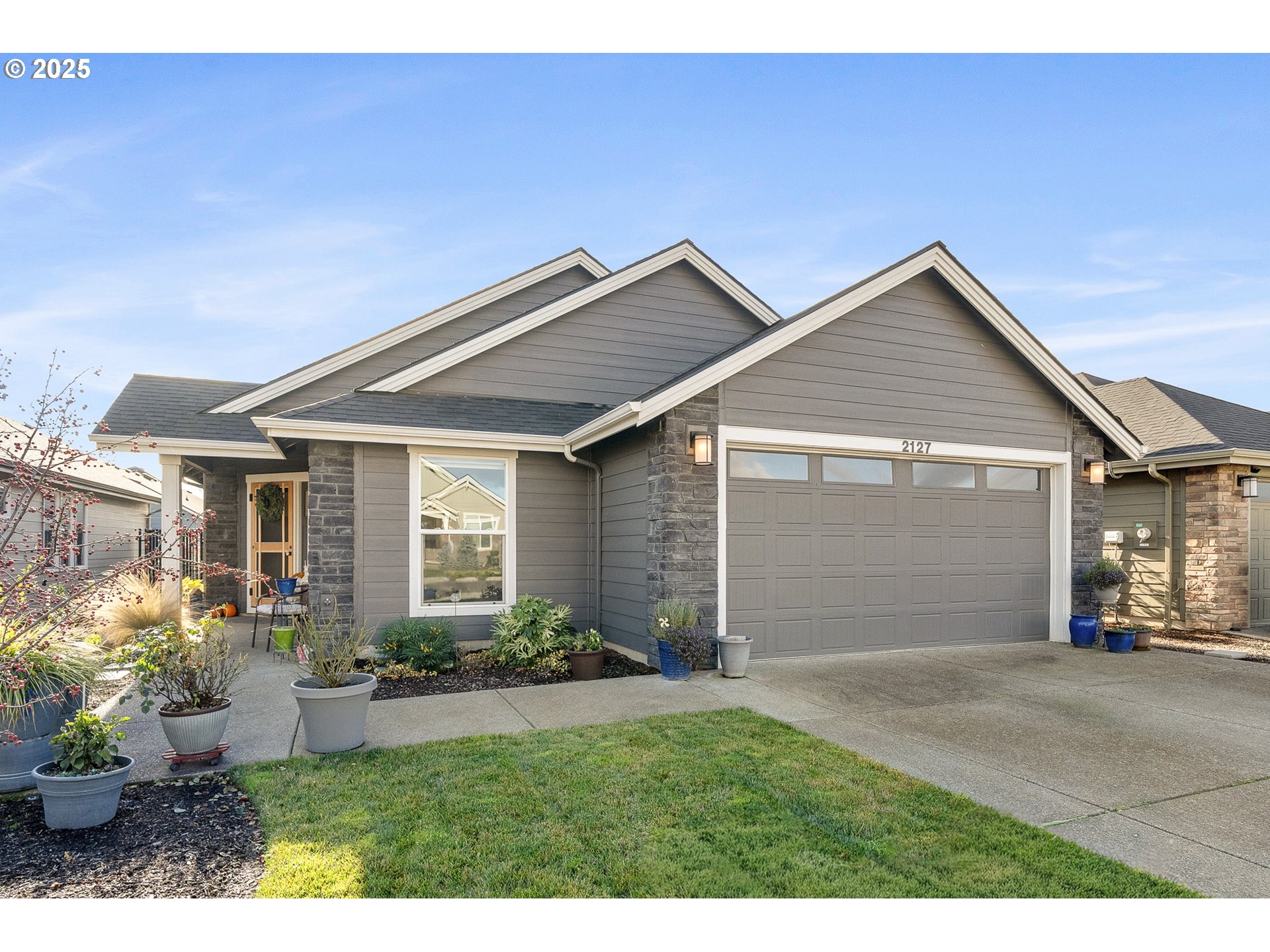 a front view of house with a garden
