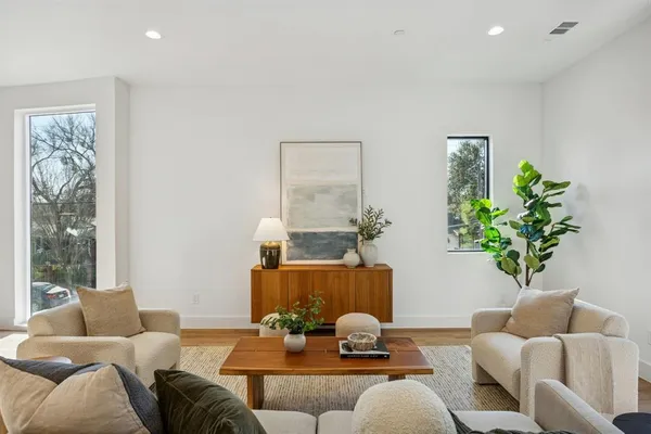 a living room with furniture and a potted plant