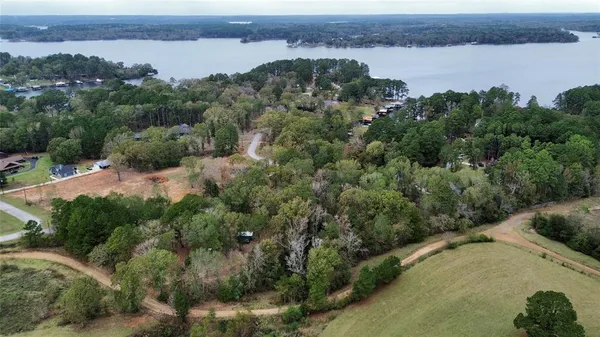 an aerial view of valley and lake