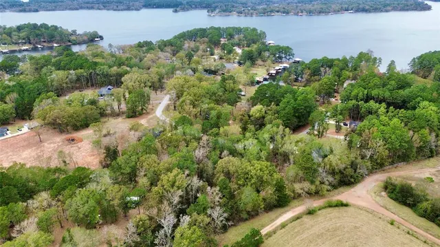 an aerial view of a house with a yard and lake view
