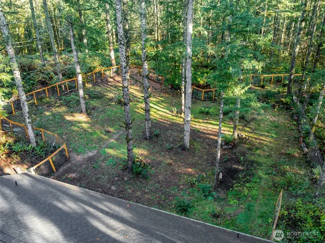 a view of a park with large trees