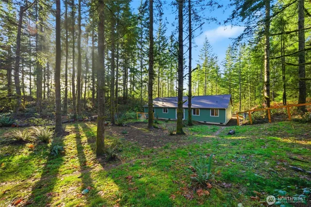 a view of a backyard with table and chairs and potted plants and large trees