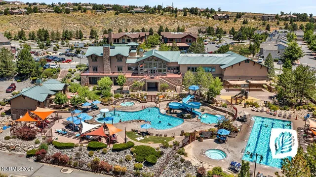 an aerial view of a pool