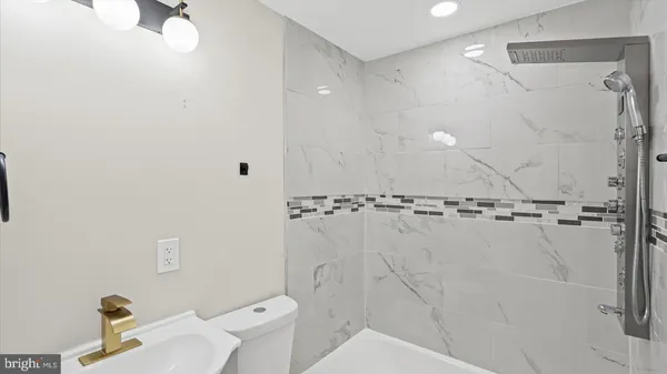 a bathroom with a shower and a toilet