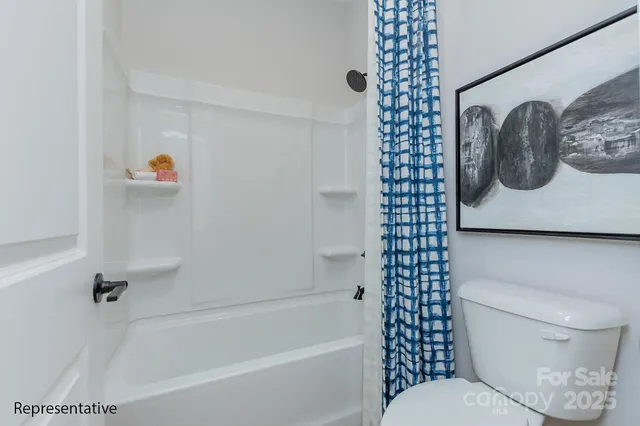 a bathroom with a toilet and a shower curtain
