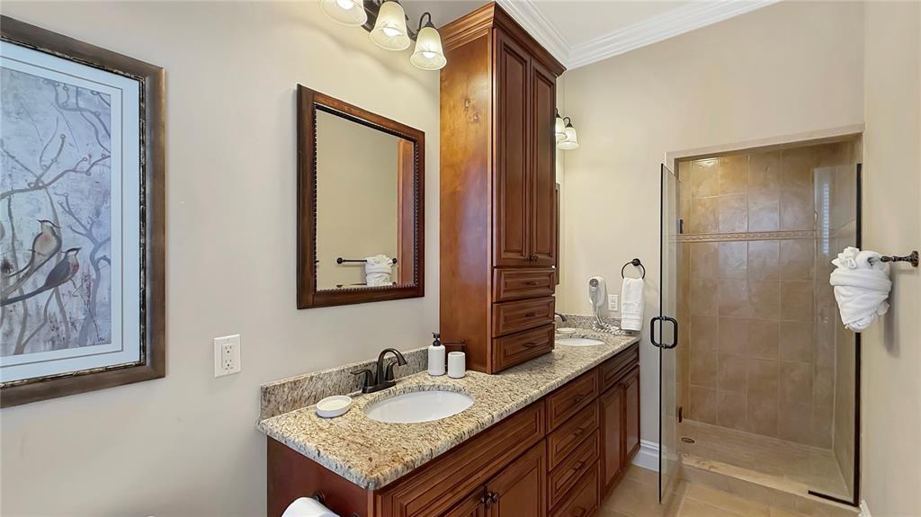 451 Muirfield Loop Reunion, FL 34747 - Photo 51 of 67 a bathroom with a granite countertop sink and a mirror