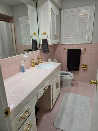 a bathroom with a sink a toilet and mirror