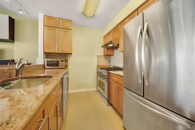 a kitchen with stainless steel appliances granite countertop a refrigerator and a sink