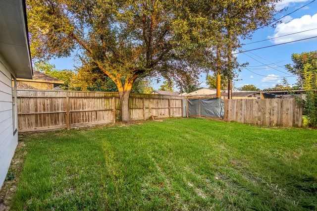 a view of backyard with large trees and wooden fence
