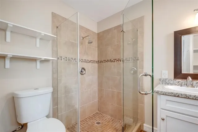 a bathroom with a toilet shower vanity and a sink