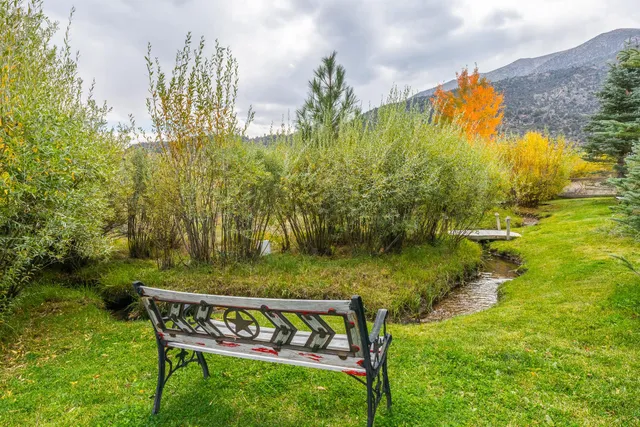 a view of a bench in a garden