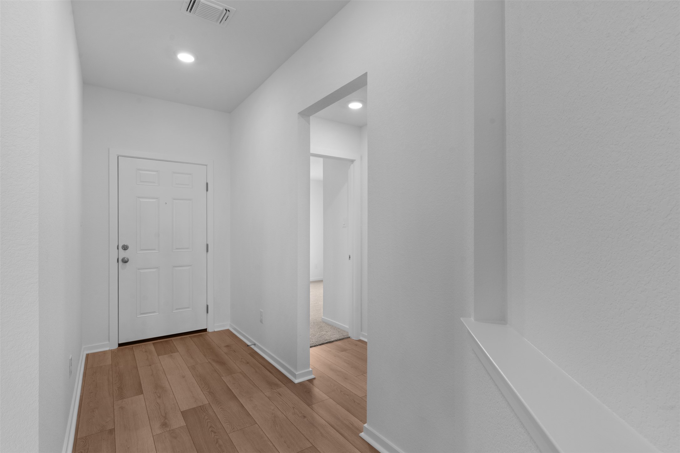 13701 Tucker Hedge Pass Elgin, TX 78621 - Photo 4 of 21 Entryway featuring wood-finish flooring, recessed lighting, white panel door, and crisp white wall finishes