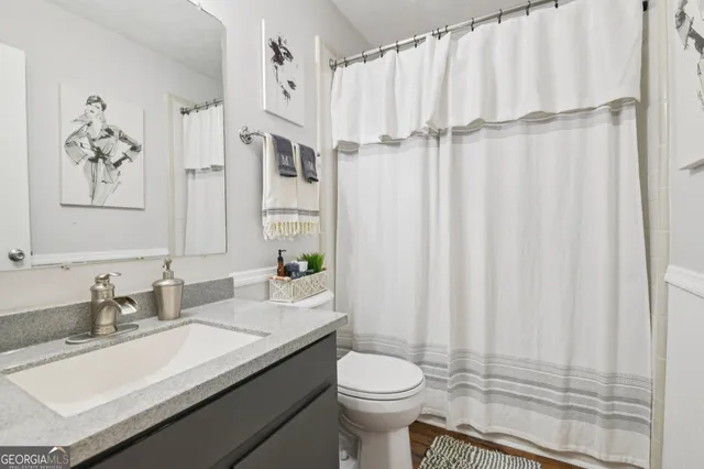 a bathroom with a granite countertop toilet sink and mirror