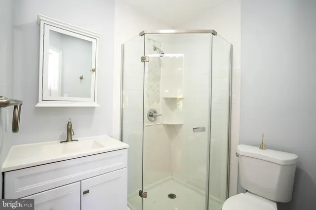 a bathroom with a shower a sink and a mirror