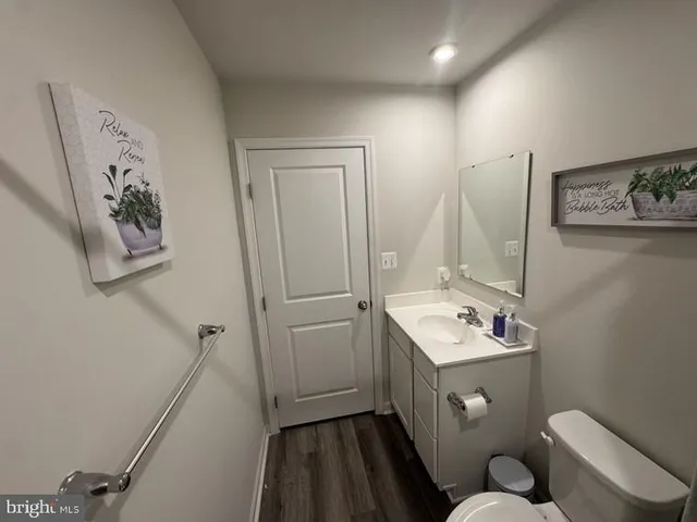 a bathroom with a sink mirror toilet and vanity