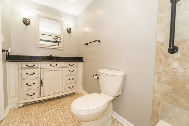 a bathroom with a toilet a sink a mirror and a shower