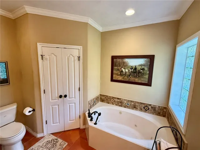 a bathroom with a bathtub and a toilet