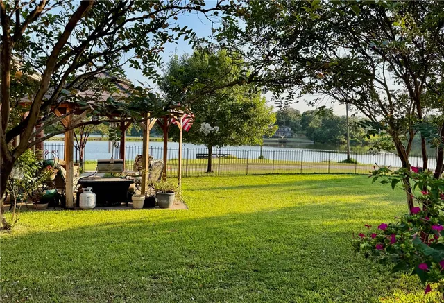 a view of a park with large trees