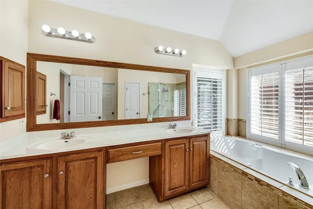 a bathroom with a granite countertop sink and a large mirror