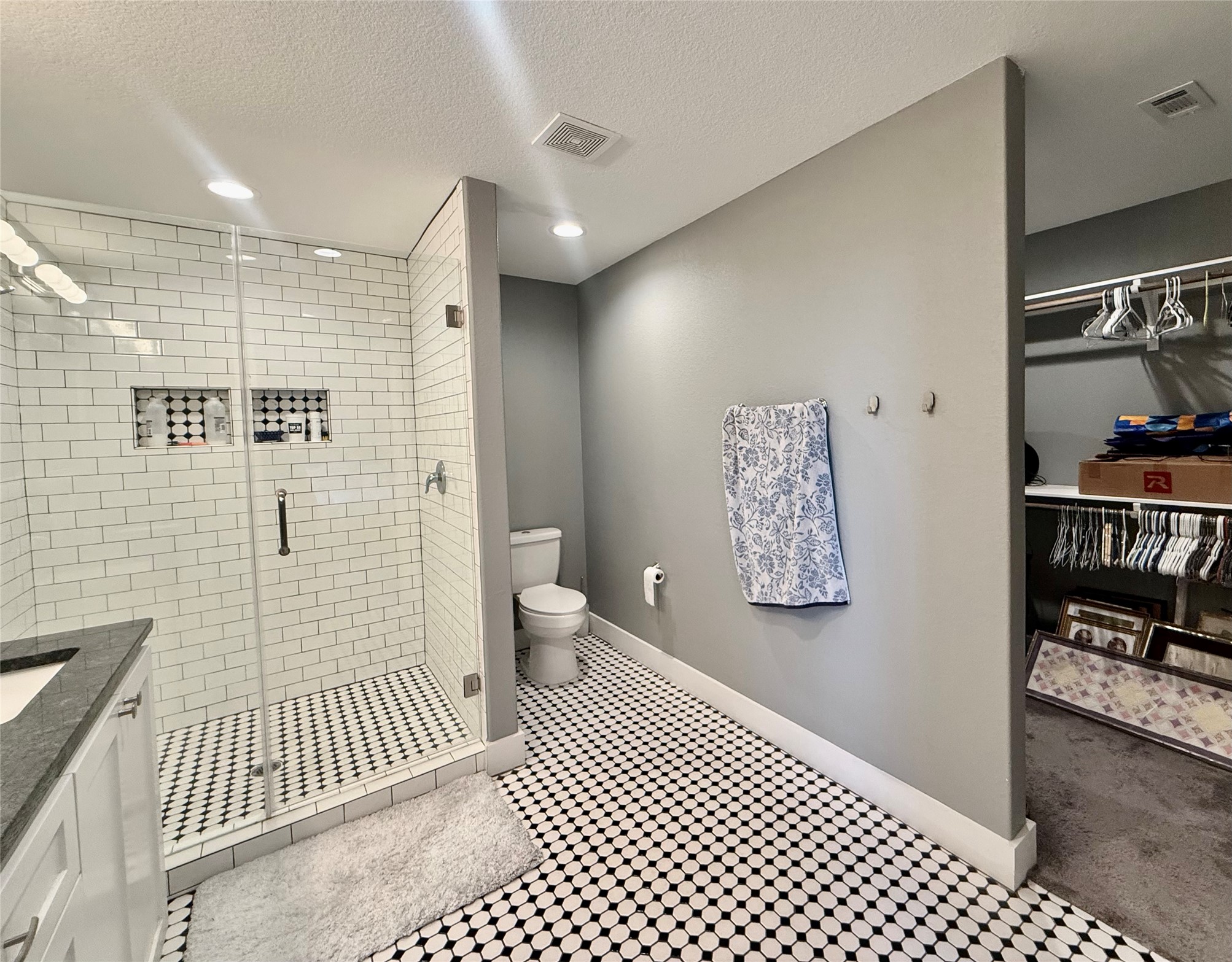 739 Pleasant Grove Road Elgin, TX 78621 - Photo 14 of 29 Contemporary bathroom featuring a spacious glass-enclosed shower with subway tile surround and integrated shelving, penny tile flooring, a white vanity with a dark countertop, a toilet, and recessed lighting