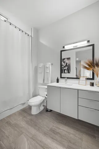 a bathroom with a sink mirror vanity and toilet