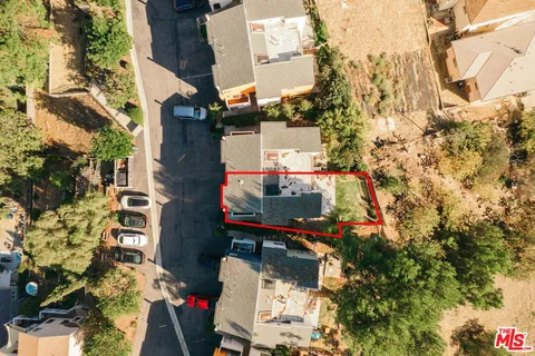 a backyard of a building with blue flowers and trees