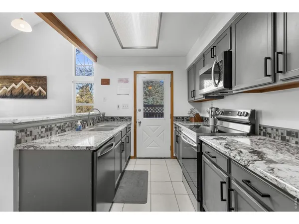 a kitchen with a stove and a microwave