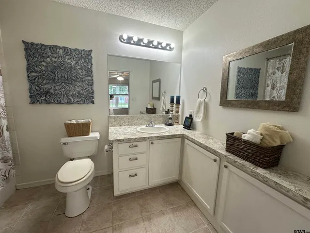a bathroom with a granite countertop toilet a sink a mirror a shower curtain