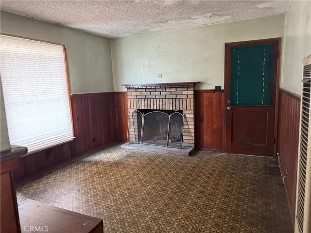 a room with a fireplace