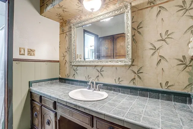 a view of a yard with plants and trees