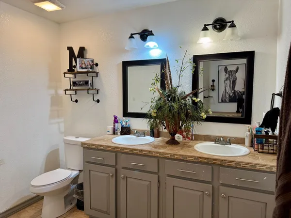 a bathroom with a toilet sink and mirror