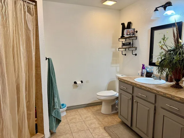 a bathroom with a toilet a sink and vanity