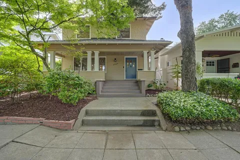 a view of a house with potted plants and a large tree