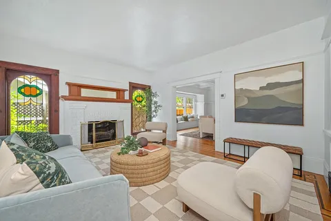 a view of a dining room with furniture