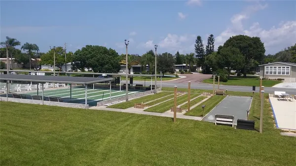 a view of a swimming pool with a yard and a large tree