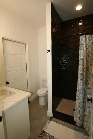 a bathroom with a shower and a toilet