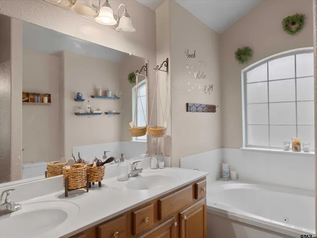 a bathroom with a tub sink and mirror
