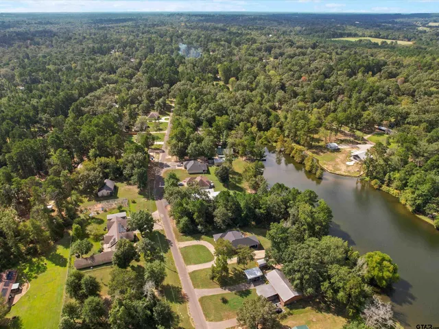 an aerial view of residential houses with outdoor space and lake view