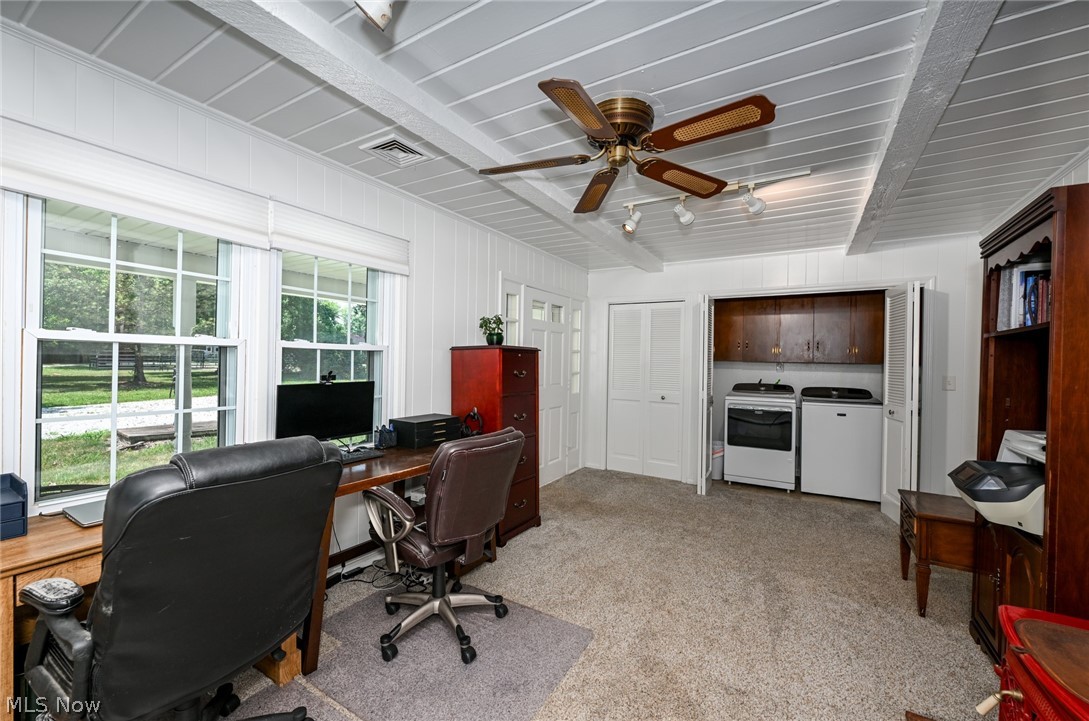 24481 Barrett Road Olmsted Falls, OH 44138 - Photo 19 of 49 Carpeted office featuring beamed ceiling, ceiling fan, independent washer and dryer.