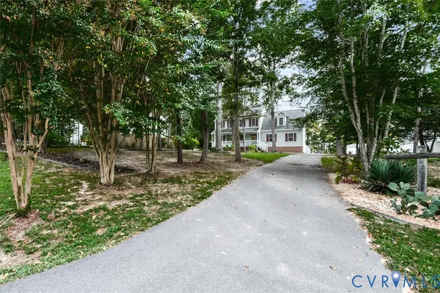 a view of a street with large trees