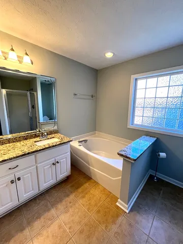 a bathroom with a tub sink and mirror