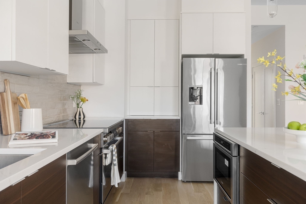 65 Pleasant Street, Unit 3 Brookline, MA 02446 - Photo 6 of 19 a kitchen with stainless steel appliances granite countertop a refrigerator a sink and a stove