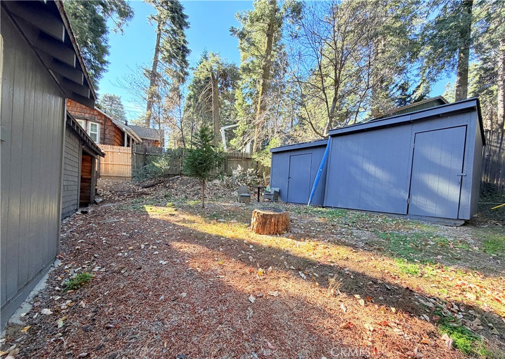 926 Kuffel Canyon Road Lake Arrowhead, CA 92385 - Photo 21 of 52 a view of backyard with wooden fence and large trees
