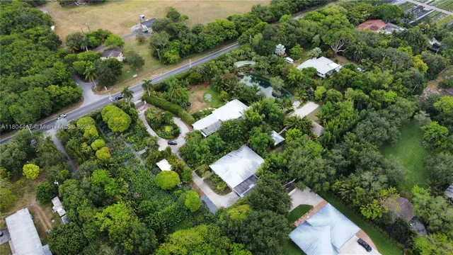 an aerial view of a house with garden