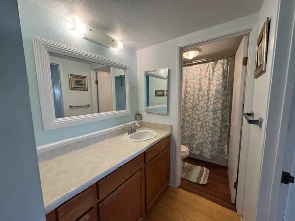 a bathroom with a sink a toilet and a mirror