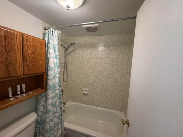 a bathroom with a shower and a bath tub