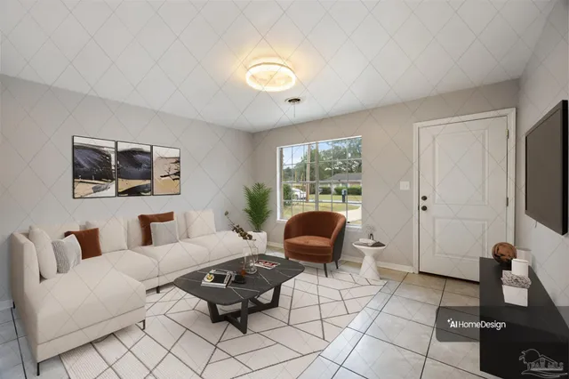 a living room with furniture a flat screen tv and a window